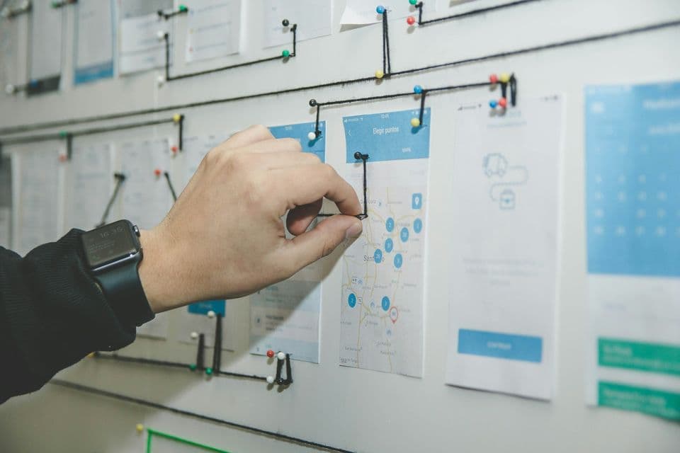 A hand pinning string between printed mobile screens on a wall. The map is the kind a team makes when it is tracing whether the current site still matches how people move through it.