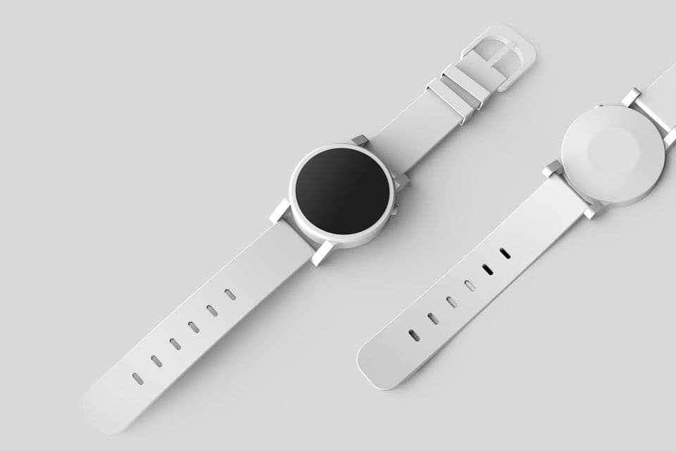 Two white smartwatch mockups on a plain light background, one showing the face and one the back. The same object, shown twice with the same restraint, is what a shared component should feel like.