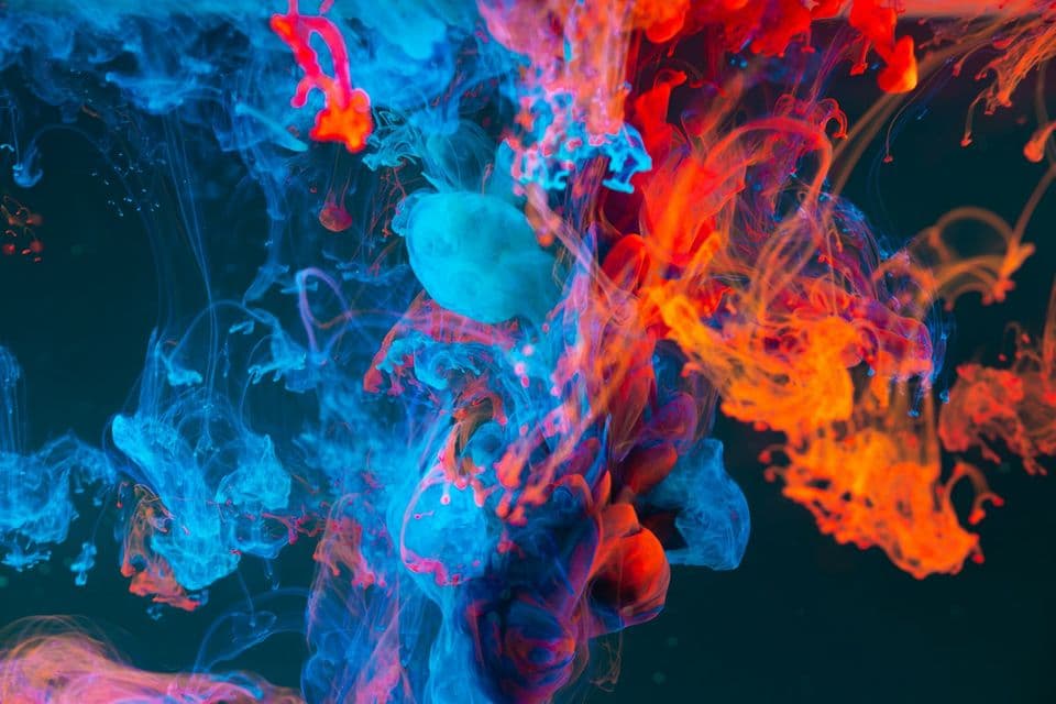 Blue and orange ink blooming through water. Two colors meet inside a limit, which is the kind of decision a young brand needs before it commissions pictures.