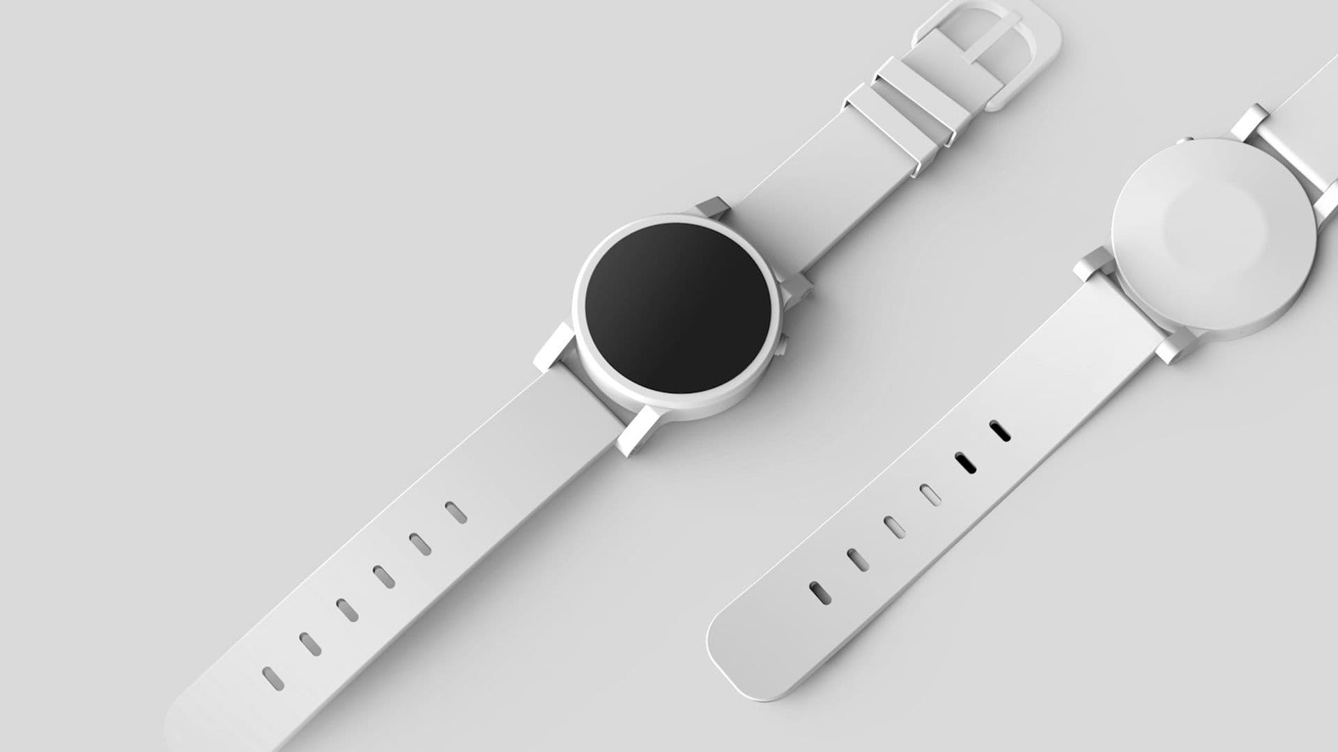 Two white smartwatch mockups on a plain light background, one showing the face and one the back. The pair shows what a consistent crop and background do for objects in a row.